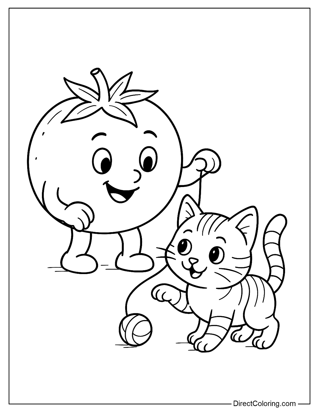 Tomato with Cute Cat Coloring Page